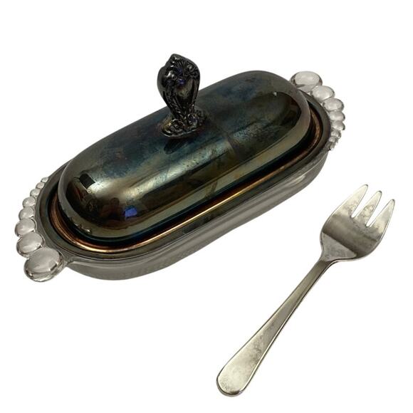 Vintage Silverplated Glass Butter Dish Teardrop Rogers Bros Silver IS Antique - Picture 1 of 11